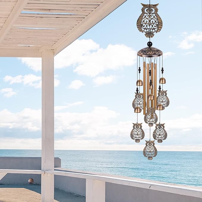 Bronze Owls Wind Chimes - Garden, Home & Patio, Balconies, Room, Indoor, Outdoor Decoration, Owl Windchimes Decor, Large Windchime, Outdoor Wind Catcher, Memorial Wind Bells Gifts for Mom & Women