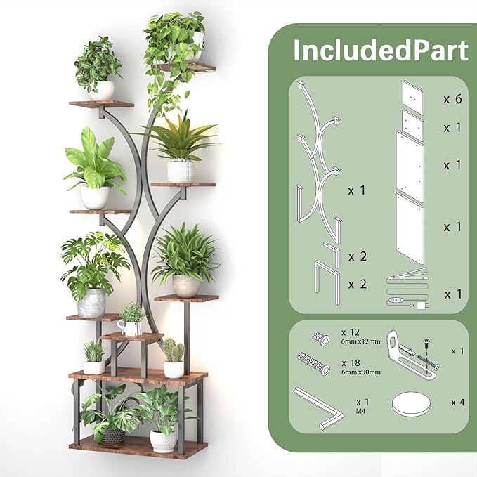 65 inch Plant Stand Indoor with Grow Lights, 9 Tiered Metal Plant Stands Indoor, Tall Plant Shelf for Multiple Plants, for Living Room, Patio Balcony or Office (Rustic Brown)