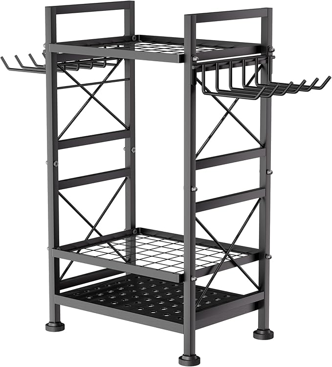 GIOTORENT 3 Tier Metal Garden Tool Organizer - Heavy Duty Yard Storage for Up to 78 Tools, Indoor/Outdoor Garage Patio Shed Organization - Black