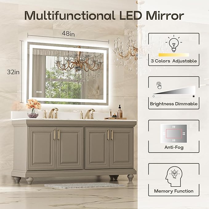 USHOWER LED Bathroom Mirror 48x32 Inch with Lights - Frameless Tempered Glass LED Backlit Lighted Mirror for Bathroom Vanity with Anti-Fog, 3 Colors Dimmable, Memory Function, Wall-Mounted