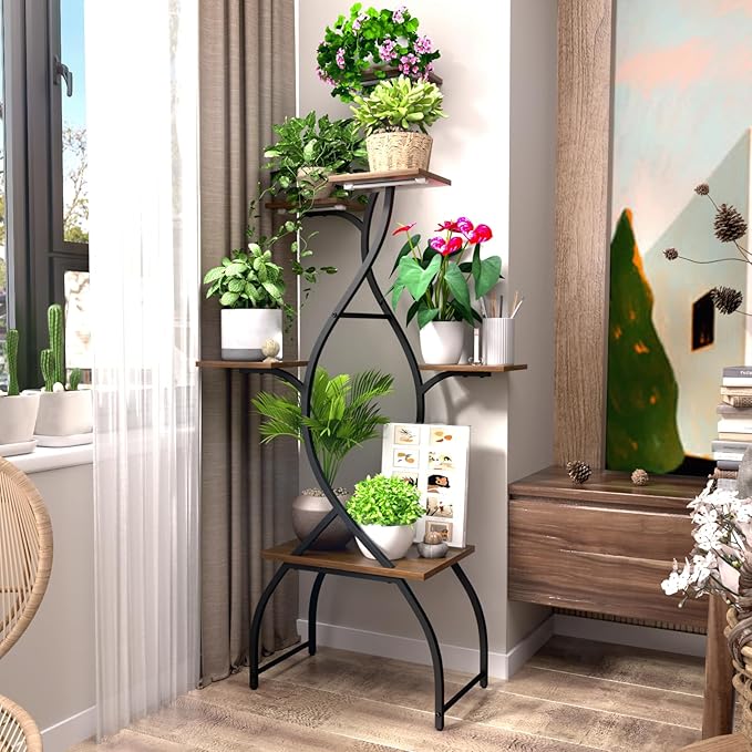 Plant Stand Indoor with Grow Lights, 6 Tiered Plant Shelf with Tree-Shaped Design, Tall Plant Stand for Multiple Plants, Metal Plant Flower Display Shelves, Corner Plant Holder for Home, Patio