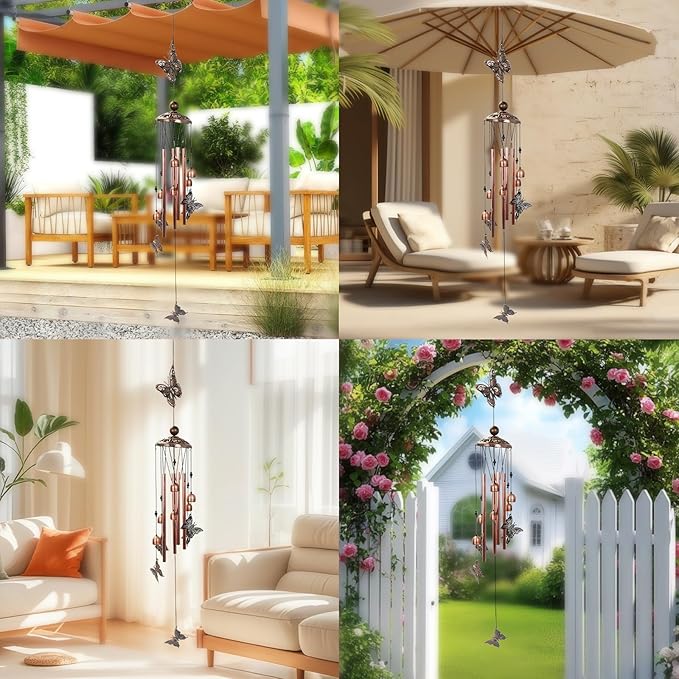 Copper Tone Animal Wind Chimes for Outdoors/Indoors - Butterfly Designs - Garden, Patio, Yard, Home Decor, for Women, Men, Mom, Birthday, Memorial, Housewarming (Butterfly)