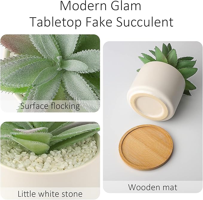 Hopewood Succulent Plants Artificial - Faux Agave Succulent Plant in Ceramic Pots with Bamboo Tray for Office Desk Living Room Decor(5.9inch)