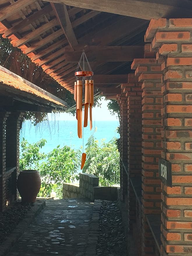 Classic Bamboo Wind Chimes with Circle Top, Wood Wooden Wind Chimes Outdoor, Deep Tone Soothing Sound (34)