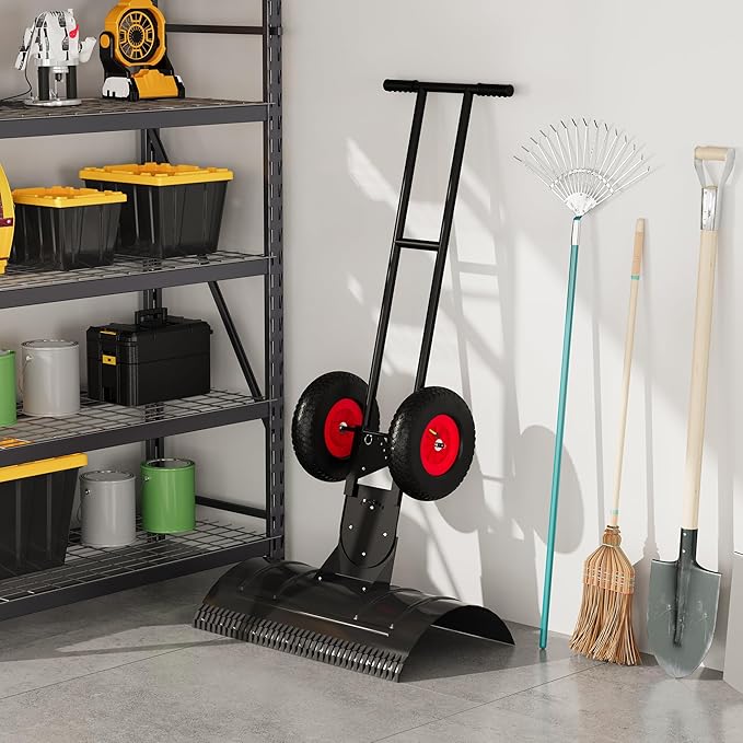 40 inch Wide Metal Snow Shovel with Wheels, Heavy Duty Snow Pusher with 5-Position Angled Blade & Adjustable Handle, Perfect for Driveway, Doorway & Sidewalk