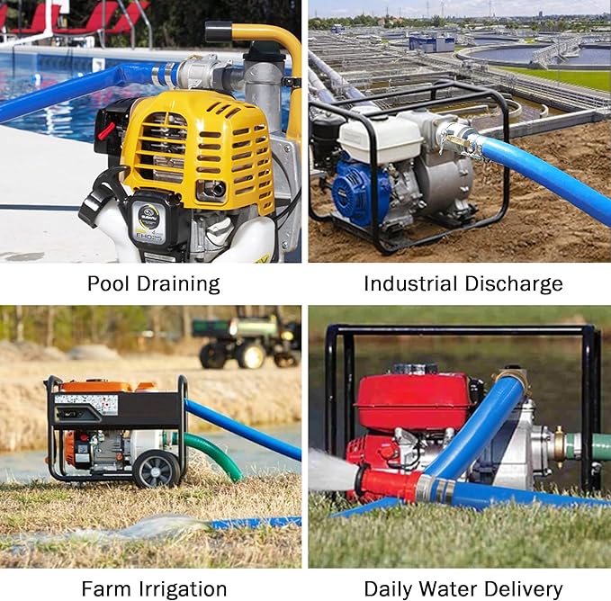 DAVCO 2" ID × 25 ft PVC Lay Flat Discharge Hose, Heavy Duty Reinforced Blue Pool Backwash Hoses For Swimming Drain Pools, with Aluminum Camlock C and E Fittings, Cam Lock Fitting Type A included