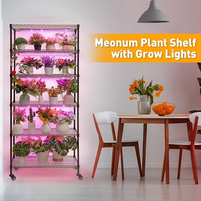 Meonum Plant Shelf with Grow Lights, 5.9FT 6 Tier DIY Metal Grow Rack, Indoor Greenhouse with 90W LED Full Spectrum Growing Lamps, Mechanical Timer, PP Waterproof Pads for Indoor Seed Starting