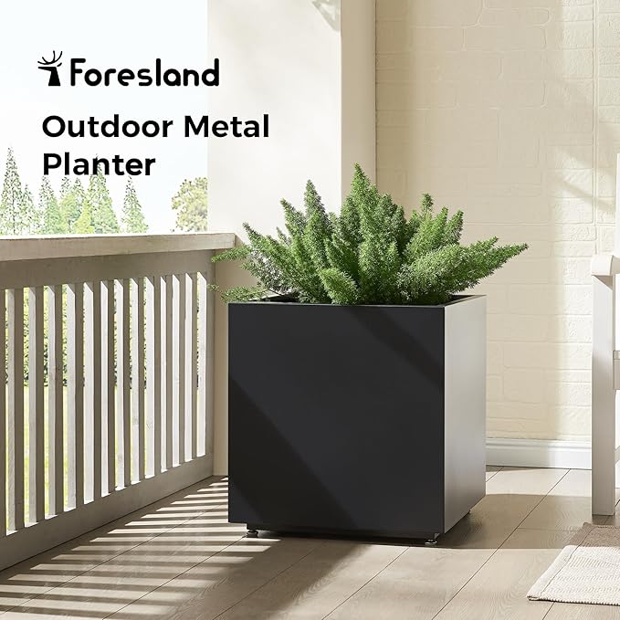 Large Metal Outdoor Planter Box 20Wx20Dx21.5H, Galvanized Steel Cube Planters for Outdoor Plants, Easy Assembly - 5mins Quick Install, Large Square Flower Pot for Patio, Deck, Garden, Yard, Black