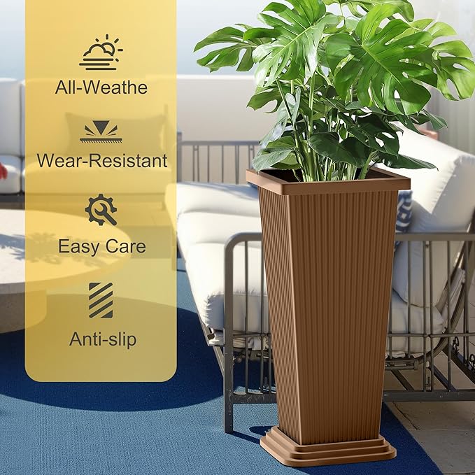 24-Inch Tall Planters Set of 2 for Outdoor and Indoor Use,Tapered Flower Pots with Drainage Tray, Front Porch and Patio Decor,Ideal for Large Plants (Stripes-Brown)