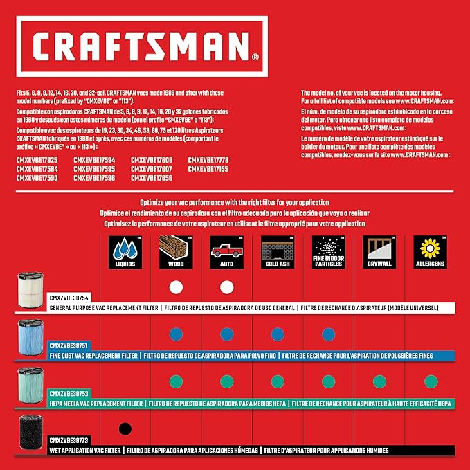 "CRAFTSMAN CMXEVBE17594 12 Gallon 6.0 Peak HP Wet/Dry Shop Vac, Portable Shop Vacuum Wet and Dry with Two Filters, Dust Bag, 7-ft Hose, 20-ft Hose and Attachments for Home Projects & Renovations "