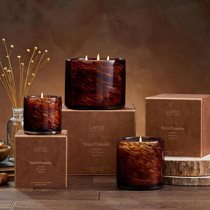LAFCO New York Fall 3-Wick Candle, Spiced Pomander - 30 oz - 120-Hour Burn Time - Reusable, Hand Blown Glass Vessel - Made in The USA