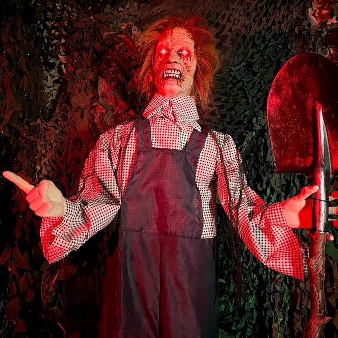 Haunted Hill Farm Lifesize Animatronic Talking Grave Digger with Shovel with Touch Activated Lights and Sound, Battery-Operated Indoor or Covered Outdoor Halloween Decoration