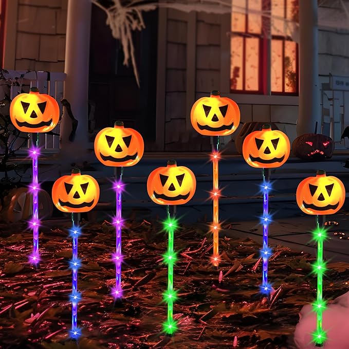 JOYIN 10 Pcs Halloween Solar Pumpkin Pathway Lights Decorations Outdoor, Jack O Lantern Pumpkins Decor with 5 Colors of Light-up Path Maker Stakes for Graveyard Porch Yard Lawn Garden Party Supplies