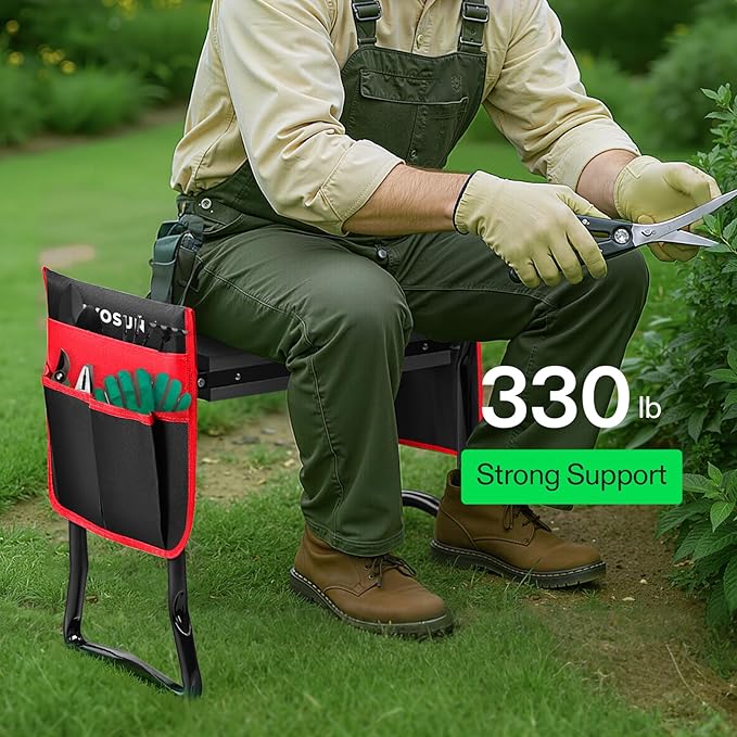 VIVOSUN Heavy Duty Garden Kneeler and Seat, Folding Garden Stool with Soft EVA Foam Kneeling Pad & 2 Large Tool Bags, Anti-Tipping Gardening Bench, Gifts for Women and Seniors, Red & Black