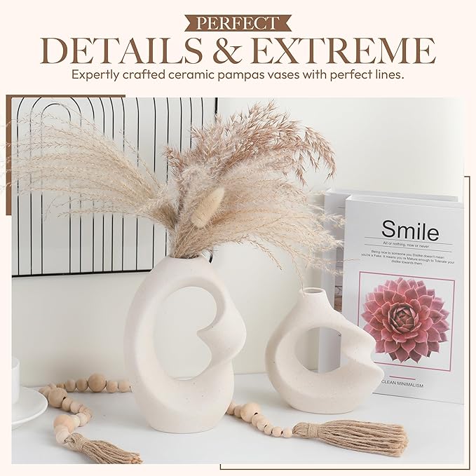 Set of 2 Romantic Hollow Ceramic Vases for Home Decor – Modern Minimalist Romantic Flower Vase for Pampas Grass Perfect for Entryway, Coffee Table, Living Room, Dining Table, Shelf Decor