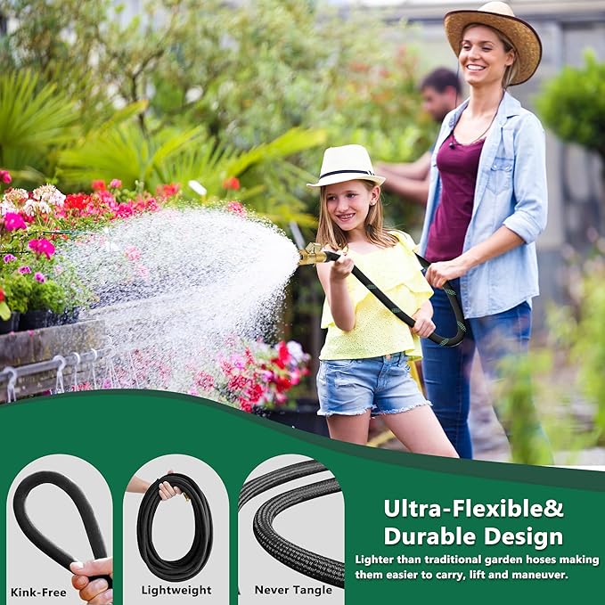 Garden Hose 200 ft-Heavy Duty Water Hoses - Flexible&Lightweight Car Washing Pipe with Strain Reliefs-Kink-free Rubber Hose with Sprayer Nozzle for Yard, Outdoor