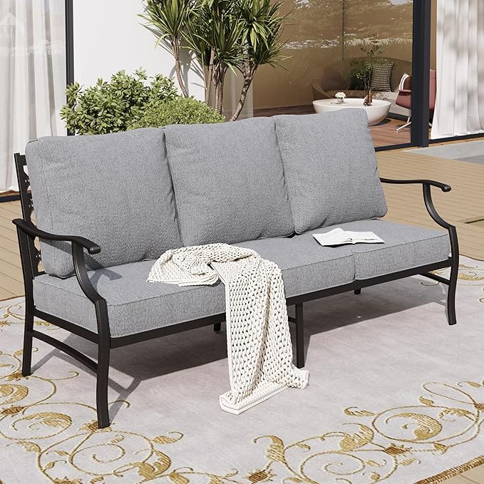 Metal Patio Sofa with 5.75" Extra Thick Waterproof Cushion, 3-Seater High-Back Outdoor Couch All Weather Outdoor Seating for Backyard Deck Front Porch, Gray