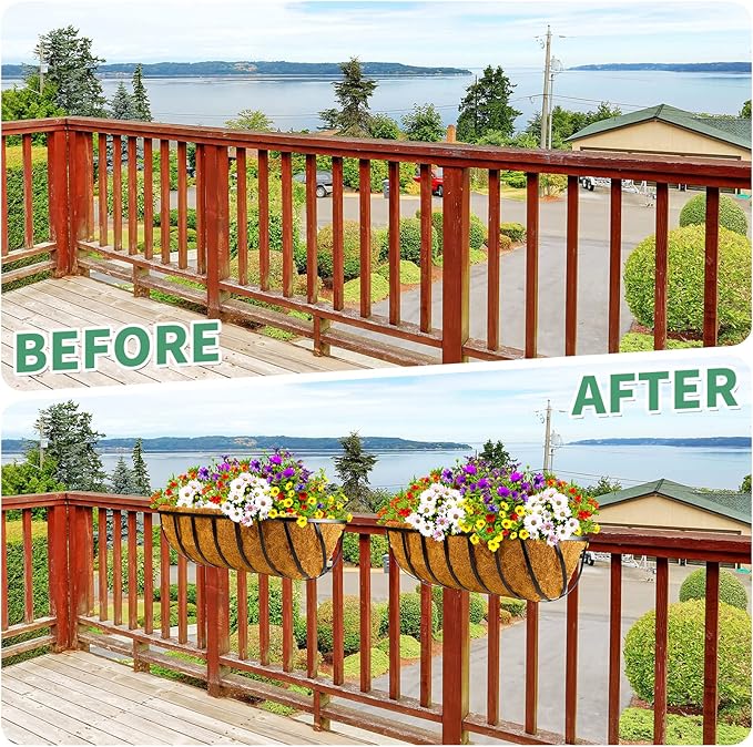 3 Pieces Window Baskets with Coconut Liner 24 Inch Window Deck Planters Boxes Railing Planter Metal Black Hanging Flower Planter Window Basket for Indoor Outdoor Lawn