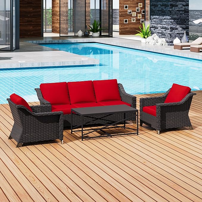4 Pieces Outdoor Conversation Furniture Set - 77" Patio Sofa, 2 Wicker Armchairs, 1 Metal Coffee Table, Patio Wicker Furniture Set with Water-Resistant Cushions for Sunroom (Red)