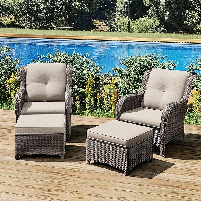 Joyside 4 Pieces Outdoor Patio Furniture Set Wicker Conversation Bistro Set 2 PE Wicker Patio with 2pcs Ottomans for Backyard, Porch, Balcony(Mixed Grey/Beige)