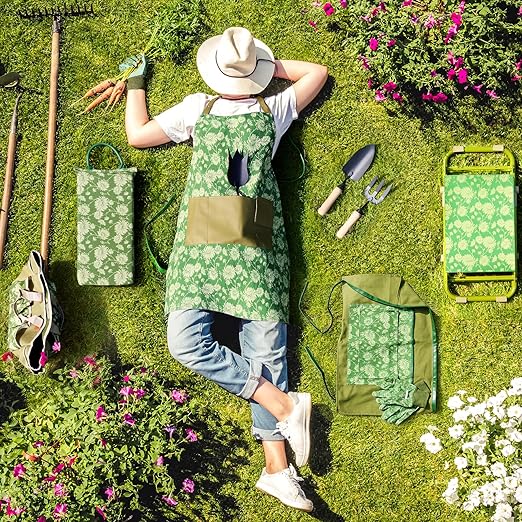 Colwelt Gardening Foam Kneeling Pad Set 3pcs, Gardening Gifts for Women Gardeners, Elegant Pattern Garden Protection Tools Set, Charming Garden Accessories(Extra Thick Kneeling Mat, Apron, Gloves)