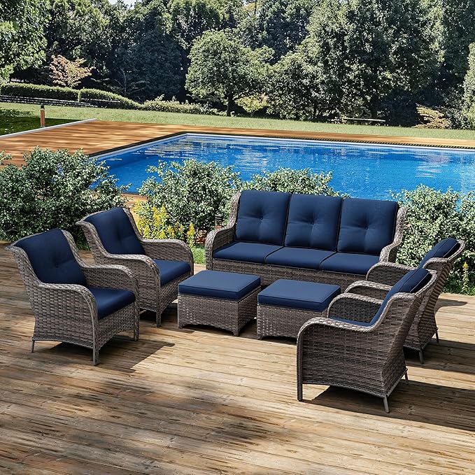 Joyside Wicker Patio Furniture Sets 7 Piece Set with One 3-Seat Sofa, Four Armchairs, Two Ottomans, Wicker Outdoor Furniture Sectional Conversation Set(Mixed Grey/Blue)