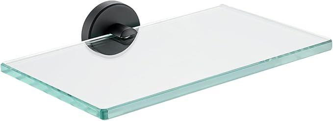 JQK Bathroom Glass Shelf Black, Tempered Glass Shower Storage 8 by 5 inches, 304 Stainless Steel Matte Black Wall Mount, TGS101L8-PB