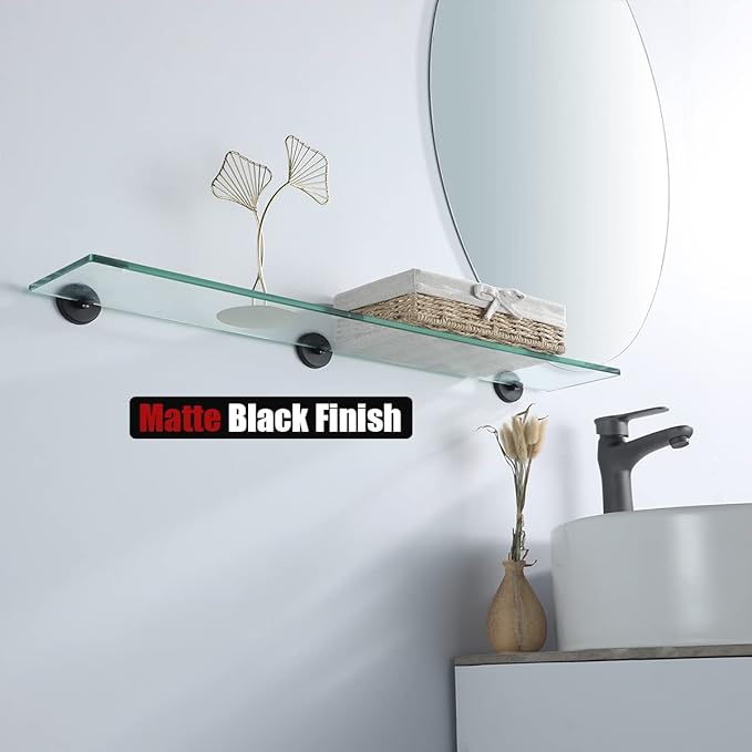 JQK Bathroom Glass Shelf Black, Tempered Glass Shower Storage 30 by 5 inches, 304 Stainless Steel Matte Black Wall Mount, TGS101L30-PB