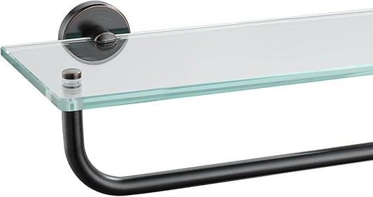 JQK Bathroom Glass Shelf Bronze, Shelf with 19 Inch Towel Bar Tempered Glass Shower Storage 20 by 5 inches, 304 Stainless Steel Oil Rubbed Bronze Wall Mount, TGS100L20-ORB