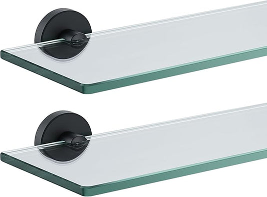 JQK Bathroom Glass Shelf Black, Tempered Glass Shower Storage 12 by 5 inches, 304 Stainless Steel Matte Black Wall Mount 2 Pack, TGS101L12-PB-P2