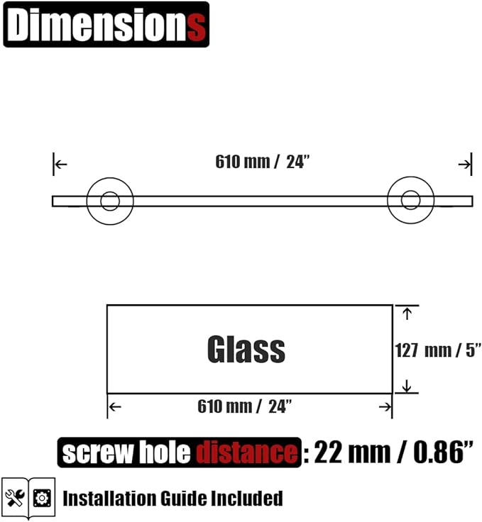 JQK Bathroom Glass Shelf Black, Tempered Glass Shower Storage 24 by 5 inches, 304 Stainless Steel Matte Black Wall Mount, TGS101L24-PB