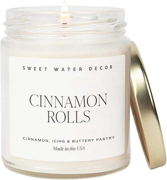 Sweet Water Decor Cinnamon Roll Candle - Fall Scented with Cinnamon, Icing and Buttery Pastry for Home - Autumn Soy Candle with 40 Hours Burn Time - 9Oz Gold Lid Clear Jar Cozy Scents