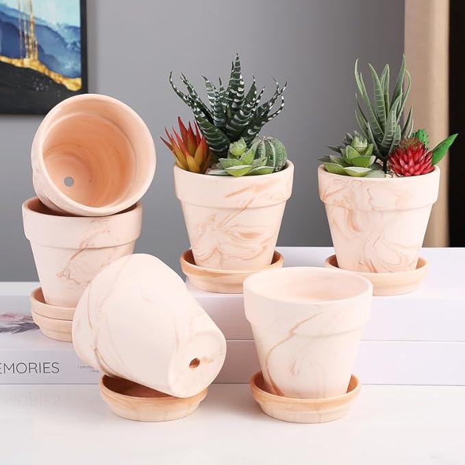 Fcacti 4 Inches Small White Mixed Terracotta Pots with Saucer, 6 Pack 4" Terra Cotta Planter with Drainage Holes,Small Clay Flower Pots for Plants,Succulents,Crafts,Wedding Favor