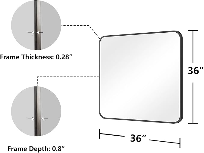 Koonmi Bathroom Mirror, 36X36 Inch Black Metal Framed Mirror for Bathroom, Tempered Glass, Anti-Rust, Rounded Rectangle Mirror for Restroom, Bedroom, Black