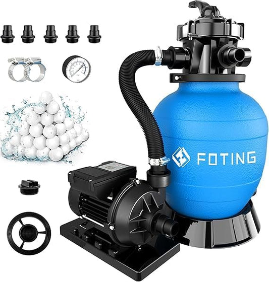 FOTING 12" Sand Filter Pump for Above Ground Pool with Timer, 1/2 HP 3000GPH Swimming Pumps System & Filters for Pools Up to 8000GAL, 6-Way Valve, Enhanced Circulation for Crystal-Clear Pool