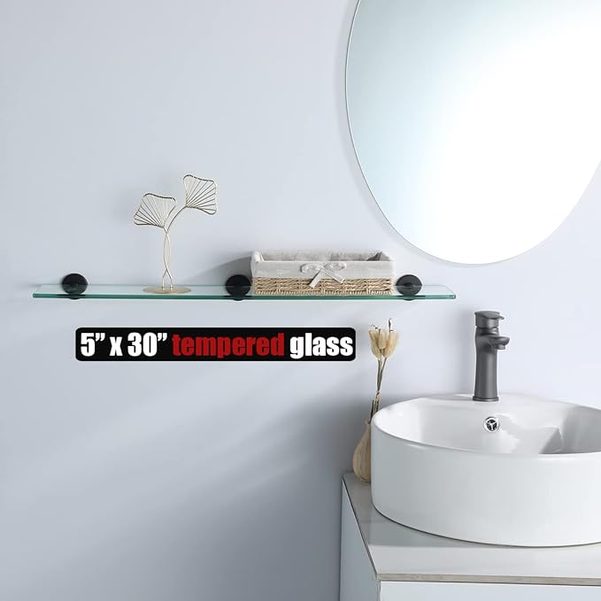JQK Bathroom Glass Shelf Black, Tempered Glass Shower Storage 30 by 5 inches, 304 Stainless Steel Matte Black Wall Mount, TGS101L30-PB
