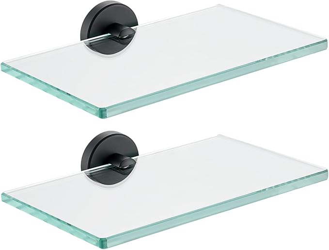 JQK Bathroom Glass Shelf Black, Tempered Glass Shower Storage 8 by 5 inches, 304 Stainless Steel Matte Black Wall Mount 2 Pack, TGS101L8-PB-P2