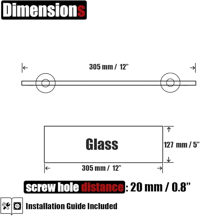 JQK Bathroom Glass Shelf Chrome, Tempered Glass Shower Storage 12 by 5 inches, 304 Stainless Steel Polished Chrome Wall Mount, TGS101L12-CH