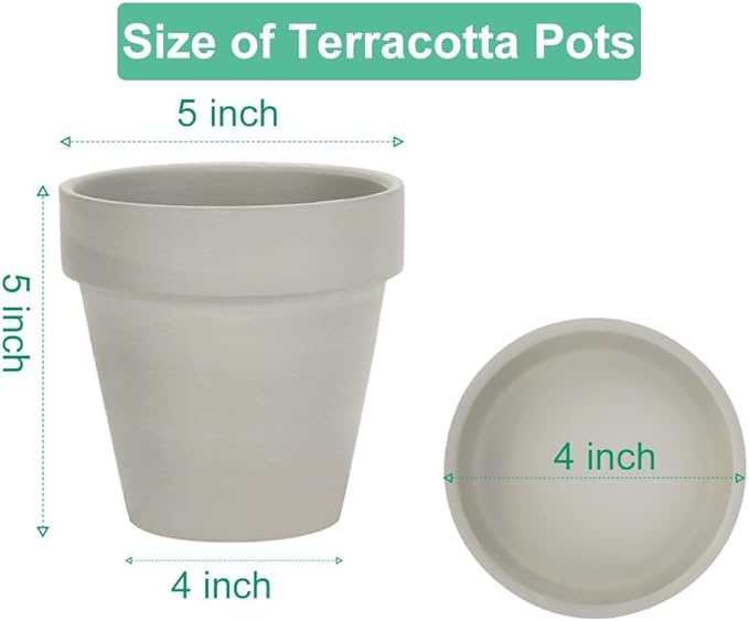 vensovo Grey Terracotta & Clay Pots with Saucer - 6 Pack 5 Inch Terra Cotta Pot Ceramic Pottery Planter Cactus Flowerpots Drainage Hole, Great for Plants, Crafts and Wedding Favor