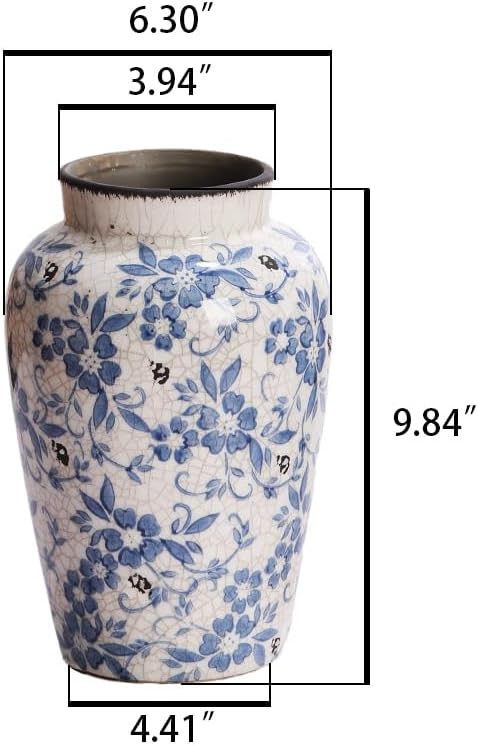 Denique Vintage Blue and White Porcelain Vase Ceramic Vase for Home Decor, Retro Crack Blue Flower Vase Pottery Vase Chinoiserie Decor Rustic (6.3x9.8inch)