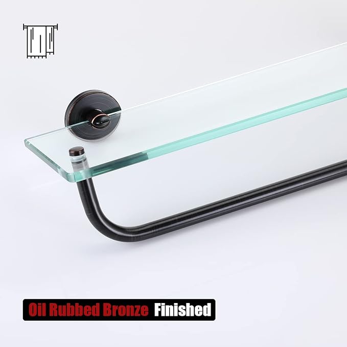 JQK Bathroom Glass Shelf Bronze, Shelf with 15 Inch Towel Bar Tempered Glass Shower Storage 16 by 5 inches, 304 Stainless Steel Oil Rubbed Bronze Wall Mount, TGS100-ORB