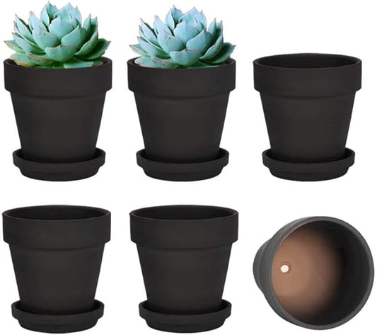 vensovo Black Terracotta & Clay Pots with Saucer - 6 Pack 5 Inch Terra Cotta Pot Ceramic Pottery Planter Cactus Flowerpots Drainage Hole, Great for Plants, Crafts and Wedding Favor