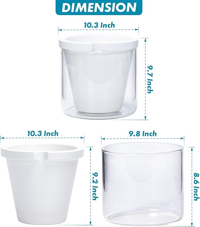 D'vine Dev 10 Inch Design Self Watering Planter for Indoor Plants, White Terracotta Pots with Cylinder Glass Cup, 37-X-D-2