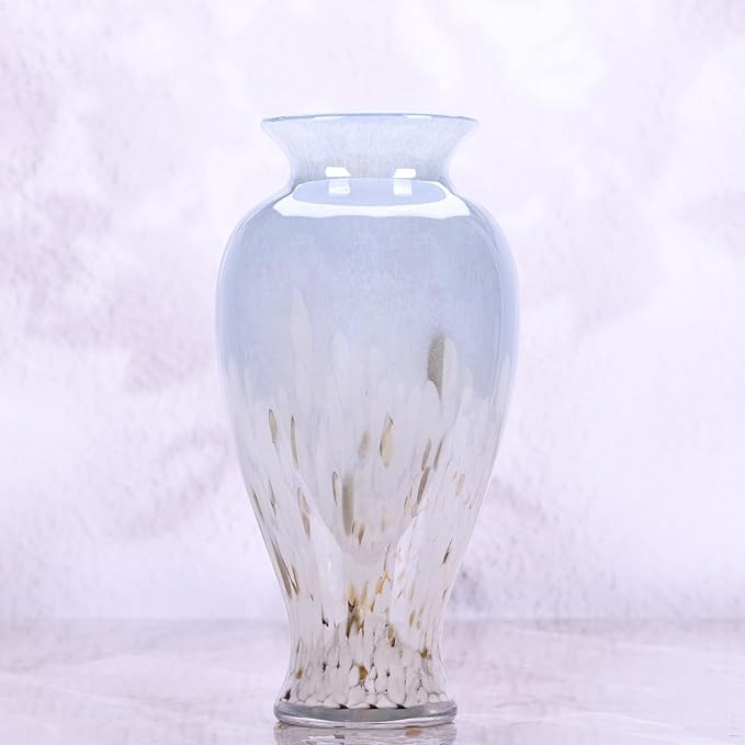 11.8" Tall Blown Blue Glass Vase, Colorful Opaque Glass Vase, Unique Design Wide Mouth Art Decoration for Home, Living Room, Dining Table, Pampas Grass Decor (Blue White)