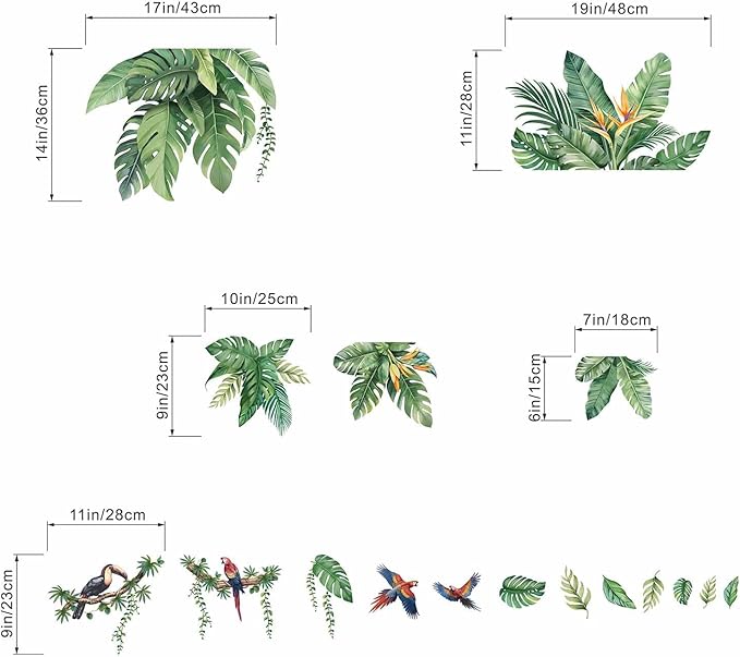 Leaves Wall Stickers for Living Room: Peel and Stick Tropical Plant Green Hanging Leaf Wall Decals - Bedroom Office Sofa TV Background Home Wall Decor