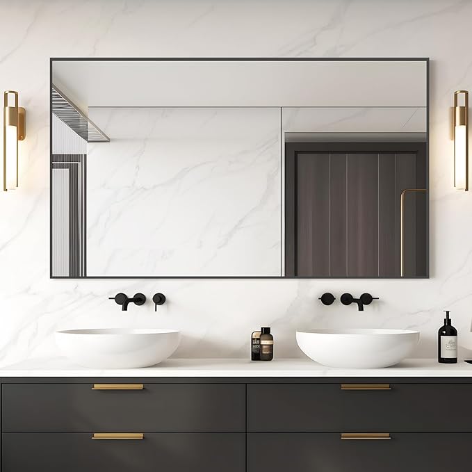 HOMECOOKIN Black Metal Mirror for Bathroom 28 x 48 Inch Black Bathroom Mirror for Over Sink, Rectangle Wall Vanity Mirror Square Corner Metal Frame Modern Farmhouse Mirror(Horizontal/Vertical)
