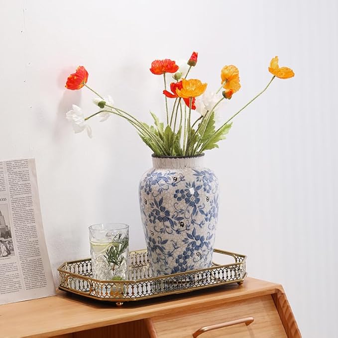 Denique Vintage Blue and White Porcelain Vase Ceramic Vase for Home Decor, Retro Crack Blue Flower Vase Pottery Vase Chinoiserie Decor Rustic (6.3x9.8inch)