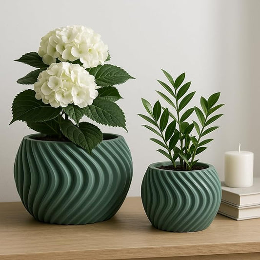 Flower Pots and Planters for Home Decor – Modern Swirl Plant Pots for Indoor and Outdoor Succulents, Orchids, or Herbs – Decorative Pots for Plants Ideal for Garden and Patio Set of 2 – 8", 6" Green