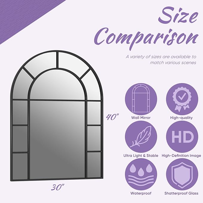 Bathroom Mirror, 30x40 Arched Wall Mirrors, Black Wall-Mounted Mirrors, Bathroom Vanity Mirror for Over Sink, Bathroom, Living Room, Bedroom, Entryway