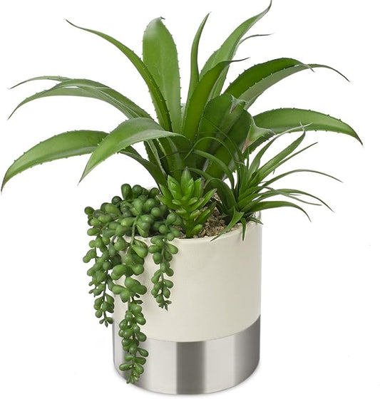 Large Artificial Succulents Plants Faux Succulents 12" Fake Succulent Plants in Sliver Ceramic Pot Succulent Plant for Desk Modern Home Living Room Office Table Bathroom Decor